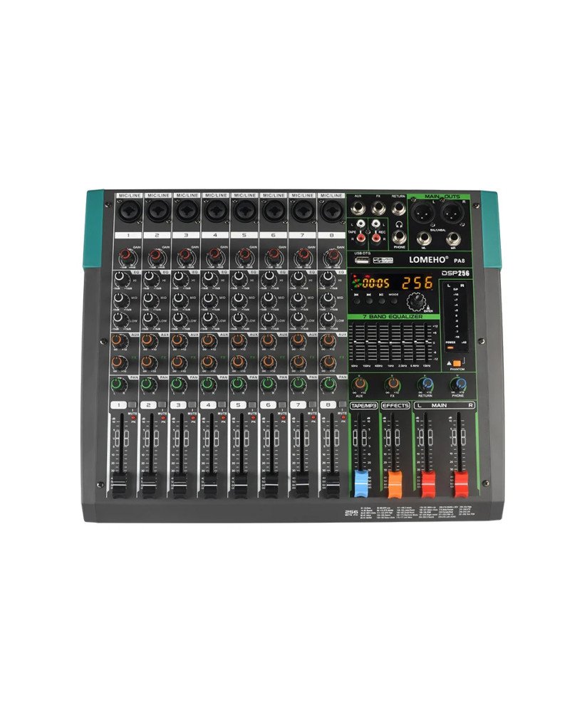 Mesa de Mistura (de Som) de 8 Canais, com Suporte Bluetooth, 256 Efeitos e 48V Phantom Power - Lomeho by Goeik