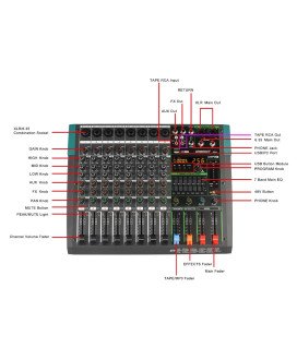 Mesa de Mistura (de Som) de 8 Canais, com Suporte Bluetooth, 256 Efeitos e 48V Phantom Power - Lomeho by Goeik