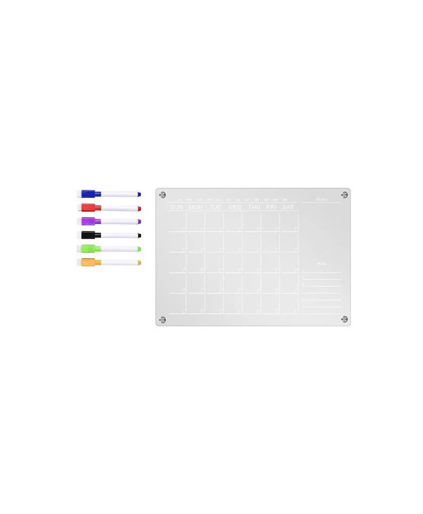 Calendário Mensal Magnético em Acrílico, Reutilizável, com Marcadores Coloridos