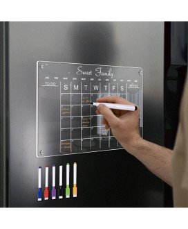 Calendário Mensal Magnético em Acrílico, Reutilizável, com Marcadores Coloridos