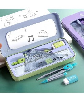 Kit com Compasso, Transferidor, Esquadros, Régua, Pontas de Grafite e Borracha
