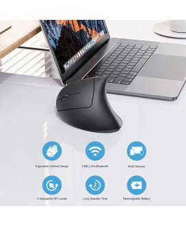 Rato Ergonómico Recarregável com Bluetooth + 2.4GHz, com Pen USB - Preto