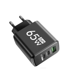 Carregador de Parede com 2* Tipo-C PD e 1* USB, de 65W - Preto - Goeik