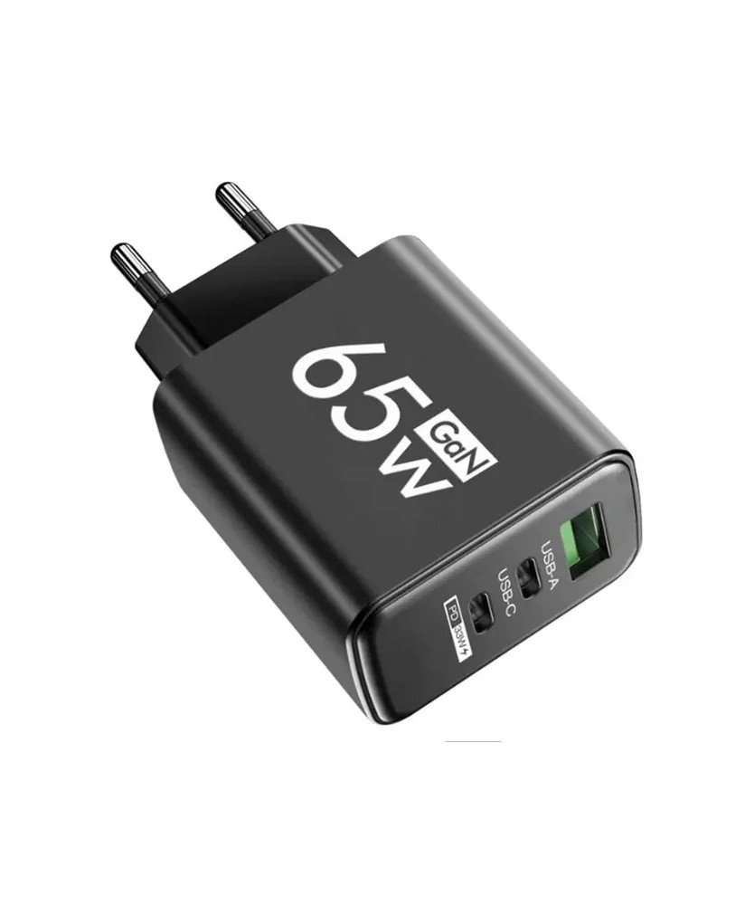 Carregador de Parede com 2* Tipo-C PD e 1* USB, de 65W - Preto - Goeik