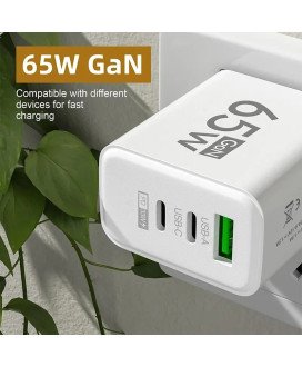 Carregador de Parede com 2* Tipo-C PD e 1* USB, de 65W - Preto - Goeik