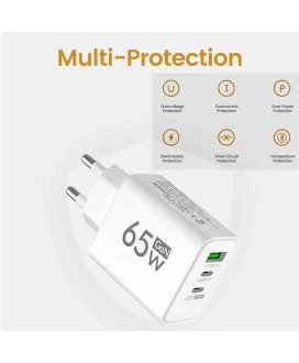 Carregador de Parede com 2* Tipo-C PD e 1* USB, de 65W - Preto - Goeik