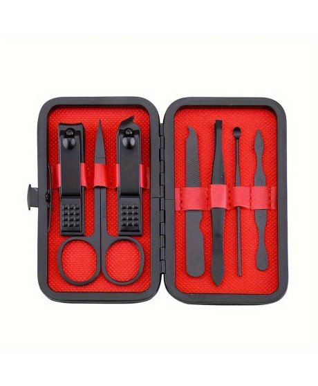 Conjunto De Manicure / Pedicure Com 7 Acessórios, Para Rosto, Mãos E Pés - Preto e Vermelho - Goeik