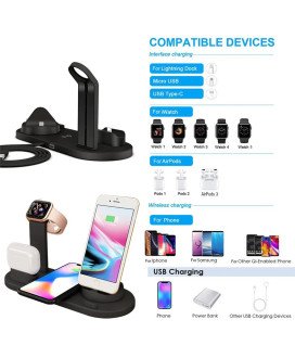 Estação de Carregamento USB, 6 em 1, com Carregamento Wireless, Tipo-C, Lightning e Micro USB - Goeik