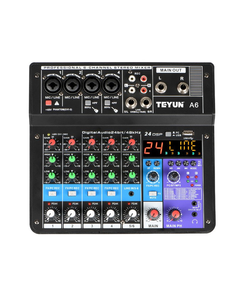 Mesa de Mistura (de Som) de 6 Canais de 48V, com Suporte Bluetooth
