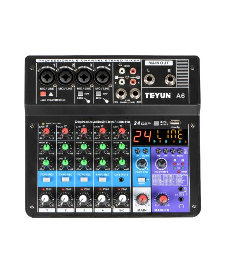 Mesa de Mistura (de Som) de 6 Canais de 48V, com Suporte Bluetooth