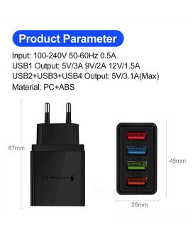 Carregador de Parede com 4* USB 3.1A Quick Charge 3.0 - Preto