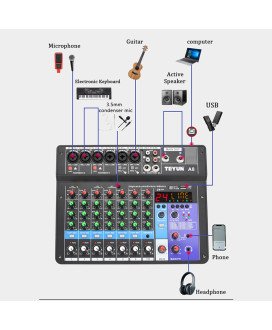 Mesa de Mistura (de Som) de 8 Canais de 48V, com Suporte Bluetooth
