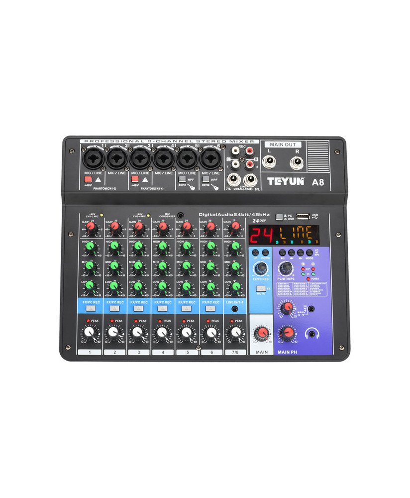 Mesa de Mistura (de Som) de 8 Canais de 48V, com Suporte Bluetooth