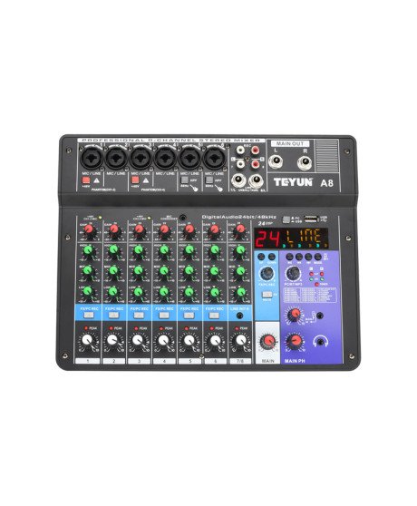 Mesa de Mistura (de Som) de 8 Canais de 48V, com Suporte Bluetooth