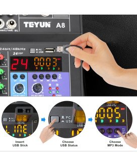 Mesa de Mistura (de Som) de 8 Canais de 48V, com Suporte Bluetooth