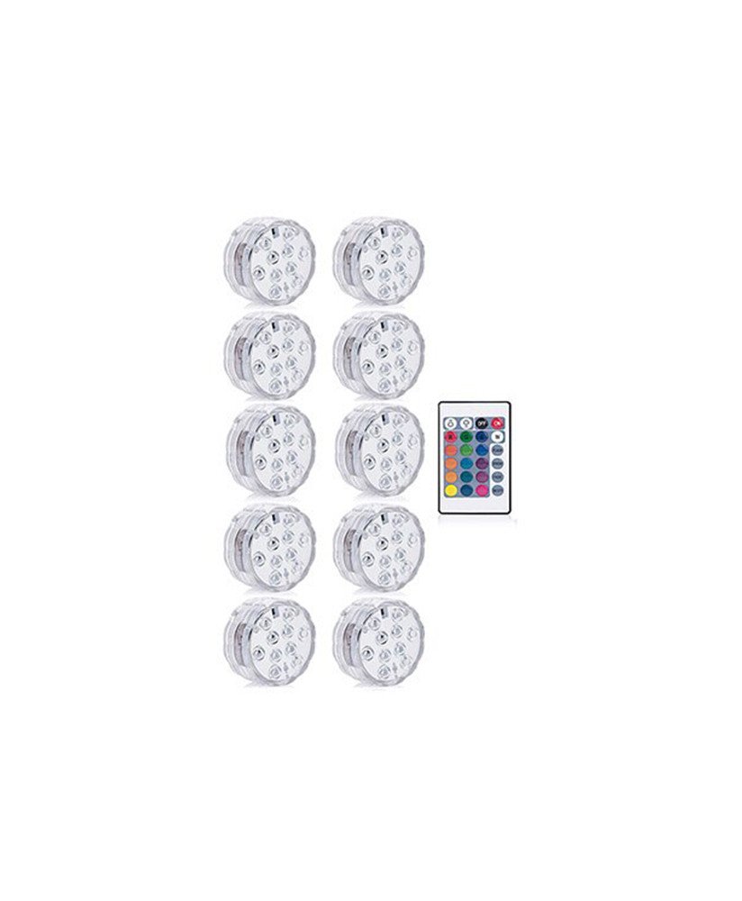 Pack de 10* Luzes LED Subaquáticas, com 16 cores RGB e 1*Controlo Remoto
