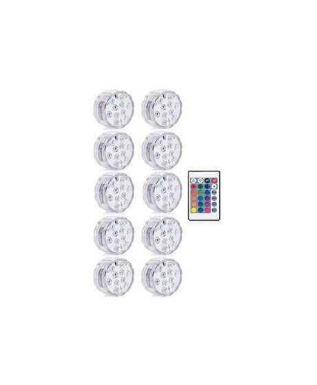 Pack de 10* Luzes LED Subaquáticas, com 16 cores RGB e 1*Controlo Remoto