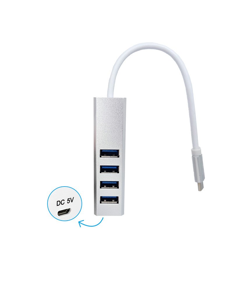HUB Tipo-C, com 4 Portas USB 3.0 e 1 Porta Micro USB DC 5V – Cinzento metalizado