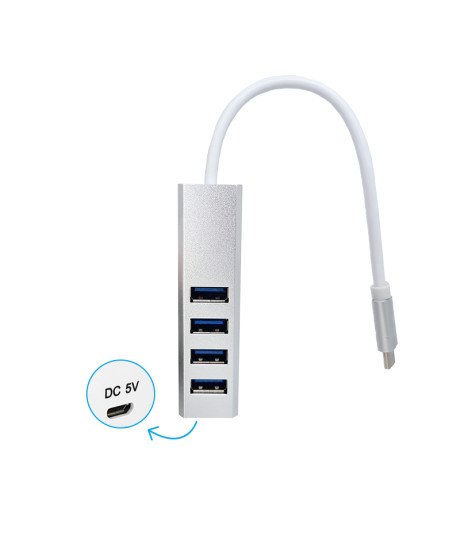 HUB Tipo-C, com 4 Portas USB 3.0 e 1 Porta Micro USB DC 5V – Cinzento metalizado
