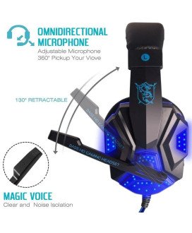 Headset para Gaming, com USB e 2 Jack 3.5mm para Fones e Microfone – Preto e Azul