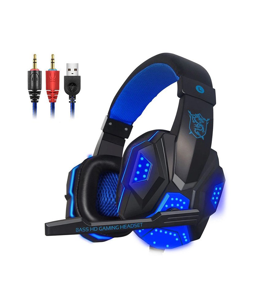 Headset para Gaming, com USB e 2 Jack 3.5mm para Fones e Microfone – Preto e Azul