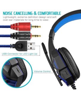 Headset para Gaming, com USB e 2 Jack 3.5mm para Fones e Microfone – Preto e Azul