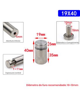 Parafusos de Fixação de Vidro 19*40mm, em Aço Inoxidável – 4 unidades