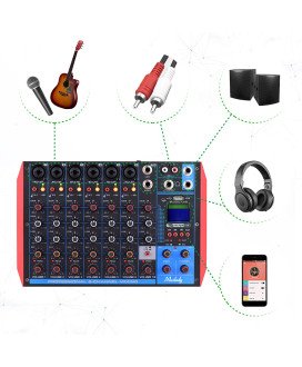 Mesa de Mistura (de Som) de 8 Canais, com Suporte Bluetooth / USB / MP3  e +48V Phantom Power - Muslady by Goeik