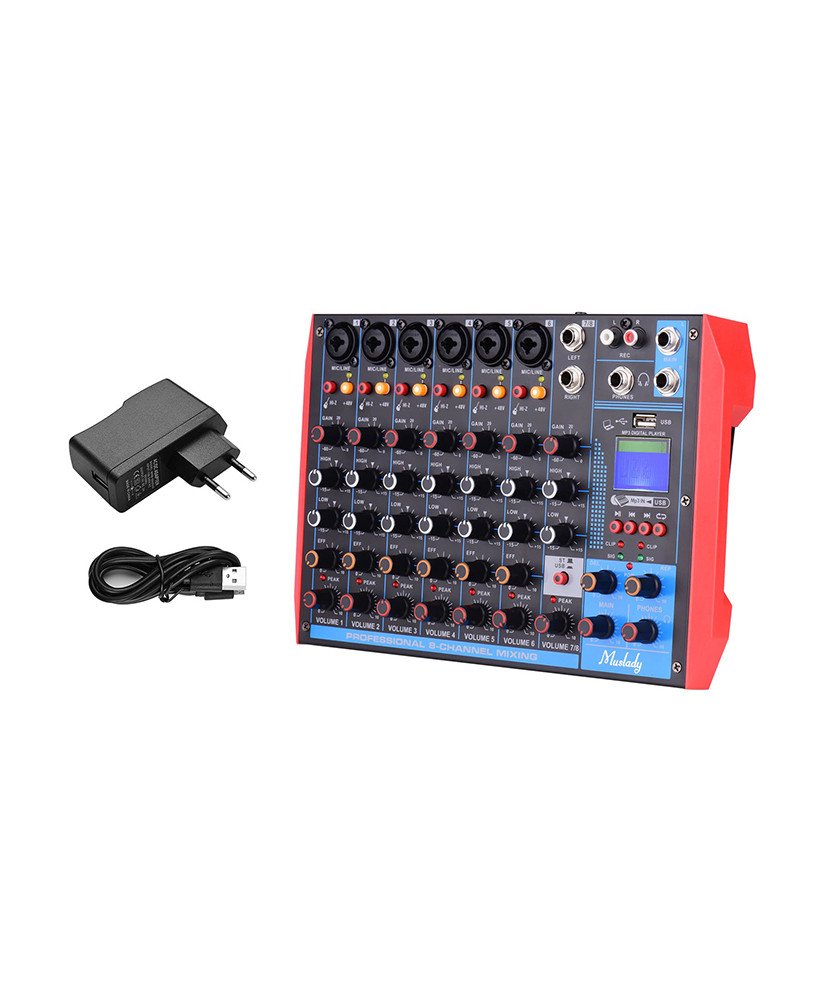 Mesa de Mistura (de Som) de 8 Canais, com Suporte Bluetooth / USB / MP3  e +48V Phantom Power - Muslady by Goeik