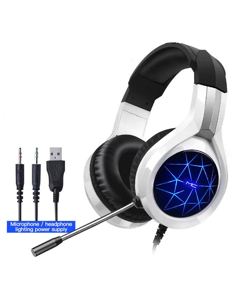 Headset Gaming com Microfone Ajustável e Efeitos LED – Branco e Preto