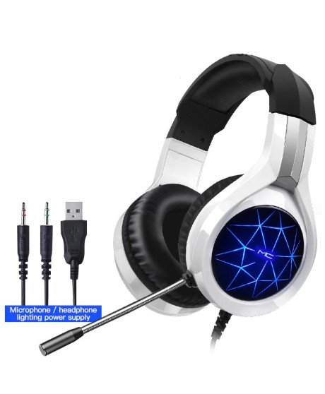Headset Gaming com Microfone Ajustável e Efeitos LED – Branco e Preto