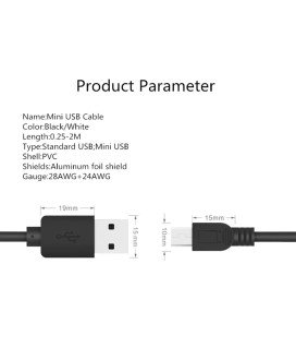 Cabo Adaptador Mini USB para USB, de 1 e 2m