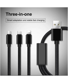 Cabo USB em Nylon 3 em 1: Tipo-C, Lightning e Micro USB - Cinzento