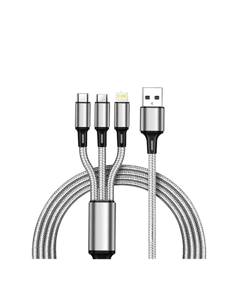 Cabo USB em Nylon 3 em 1: Tipo-C, Lightning e Micro USB - Cinzento
