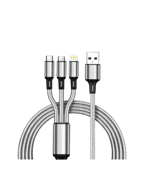 Cabo USB em Nylon 3 em 1: Tipo-C, Lightning e Micro USB - Cinzento