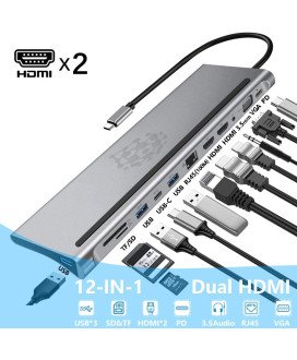 HUB Docking Station Tipo-C, 12 em 1, com Duplo HDMI, USB, VGA, RJ45, Leitor de Cartões, Jack 3.5mm e Tipo-C PD