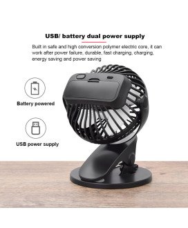 Ventoinha Giratória 360º, Funcionamento por USB e por Bateria Recarregável, com Base para Mesa e Mola de Fixação - Preta