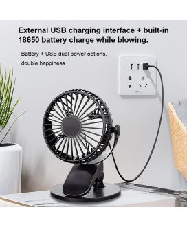 Ventoinha Giratória 360º, Funcionamento por USB e por Bateria Recarregável, com Base para Mesa e Mola de Fixação - Preta