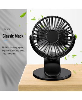 Ventoinha Giratória 360º, Funcionamento por USB e por Bateria Recarregável, com Base para Mesa e Mola de Fixação - Preta