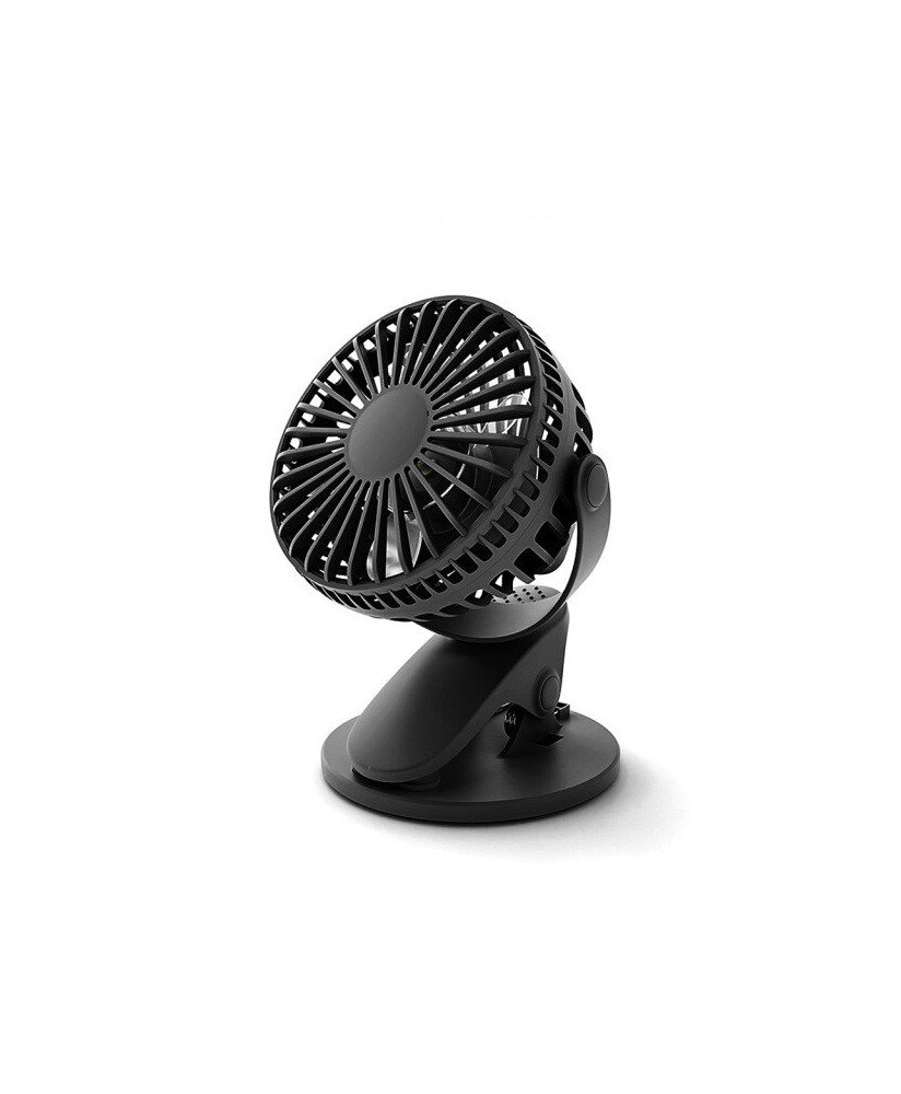 Ventoinha Giratória 360º, Funcionamento por USB e por Bateria Recarregável, com Base para Mesa e Mola de Fixação - Preta