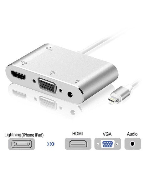 Cabo Adaptador Conversor para iPhone ou iPad - Lightning Para VGA, HDMI, Jack Áudio 3.5mm, Vídeo HDTV – Branco