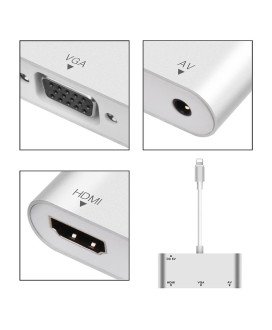 Cabo Adaptador Conversor para iPhone ou iPad - Lightning Para VGA, HDMI, Jack Áudio 3.5mm, Vídeo HDTV – Branco