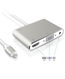 Cabo Adaptador Conversor para iPhone ou iPad - Lightning Para VGA, HDMI, Jack Áudio 3.5mm, Vídeo HDTV – Branco