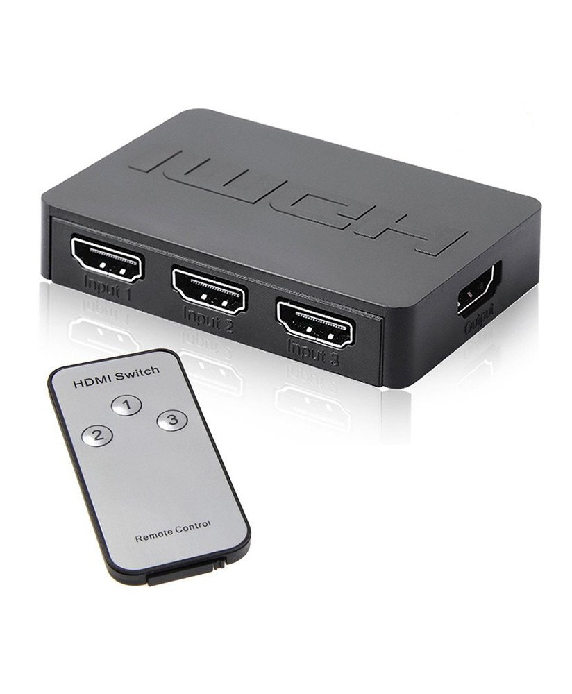 Comutador Switch HUB HDMI de 3 Portas, com Controlo Remoto e Amplificação de Sinal - Preto