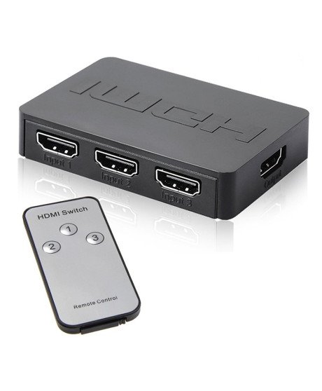 Comutador Switch HUB HDMI de 3 Portas, com Controlo Remoto e Amplificação de Sinal - Preto