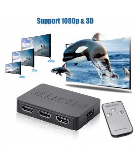Comutador Switch HUB HDMI de 3 Portas, com Controlo Remoto e Amplificação de Sinal - Preto