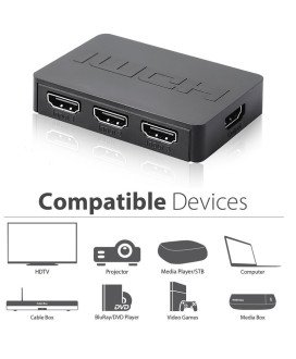 Comutador Switch HUB HDMI de 3 Portas, com Controlo Remoto e Amplificação de Sinal - Preto