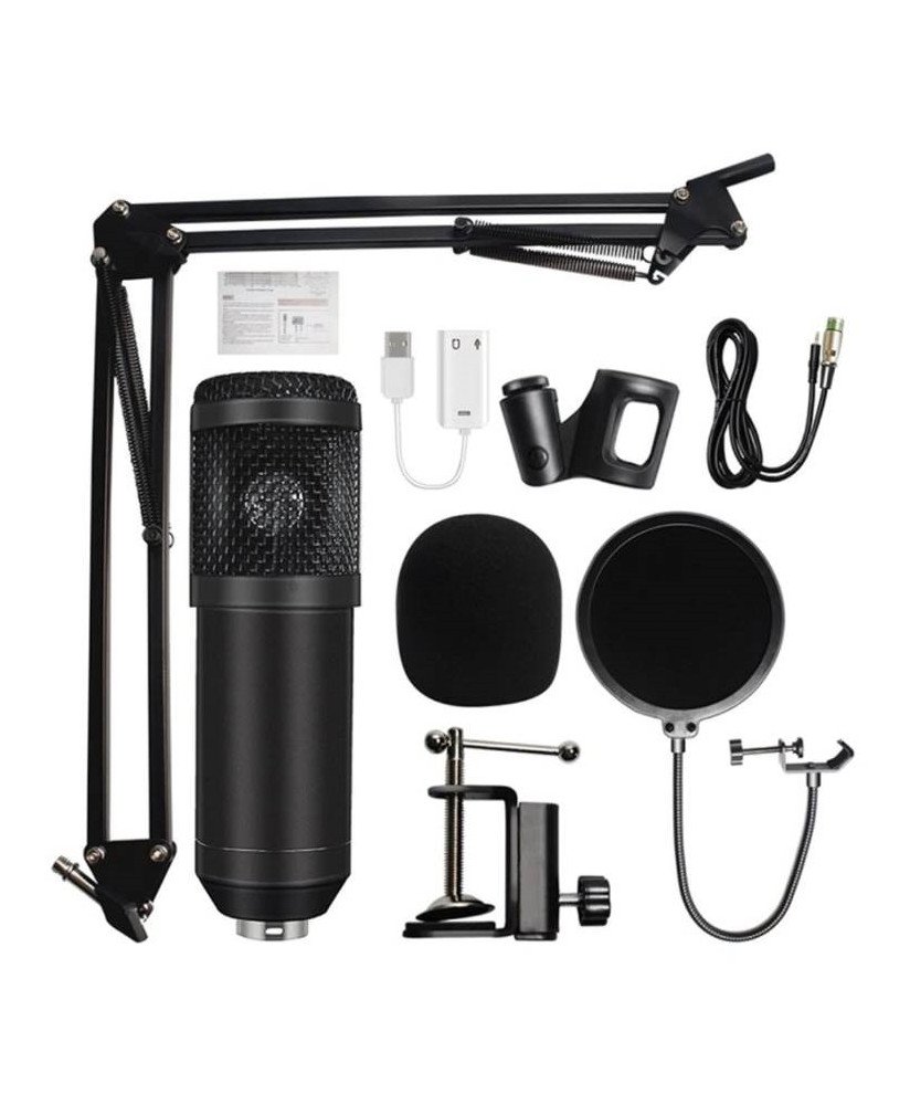 Microfone BM-800 com Tripé, Suporte, Clipe, Placa USB, Esponjas e Cabo XLR-3.5mm para Videoaula e Videoconferência