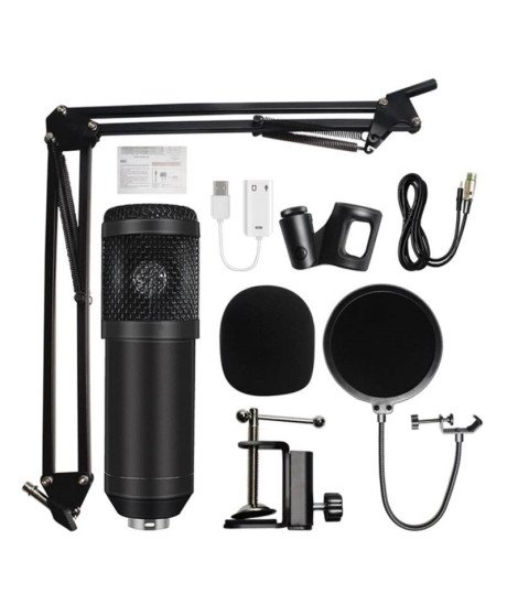 Microfone BM-800 com Tripé, Suporte, Clipe, Placa USB, Esponjas e Cabo XLR-3.5mm para Videoaula e Videoconferência