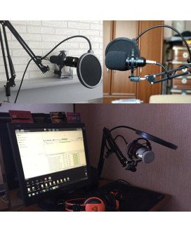 Microfone BM-800 com Tripé, Suporte, Clipe, Placa USB, Esponjas e Cabo XLR-3.5mm para Videoaula e Videoconferência